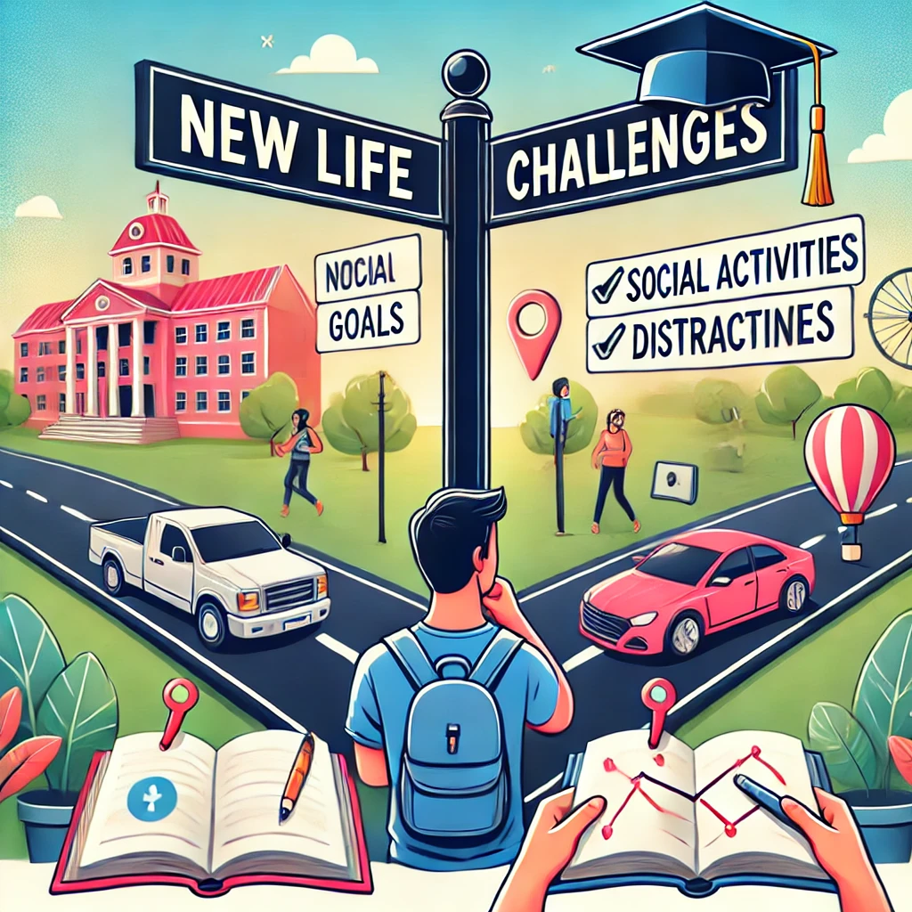 DALL·E 2024 12 08 09.49.09 An illustrative image depicting a college student standing at a crossroads labeled New Life and Challenges. On one side the road leads to academi