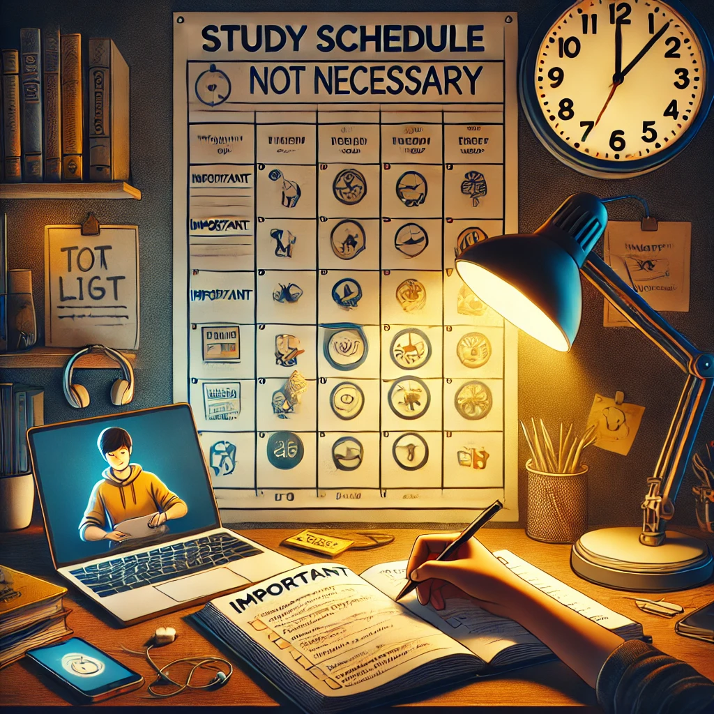 DALL·E 2024 12 08 09.51.39 An inspiring image showing a college student creating a study schedule at their desk in the evening illuminated by a desk lamp. The scene includes a