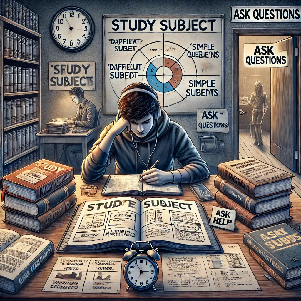DALL·E 2024 12 08 10.00.28 A detailed image depicting a college student sitting at a desk with a study plan open highlighting prioritized subjects. One side of the desk has boo