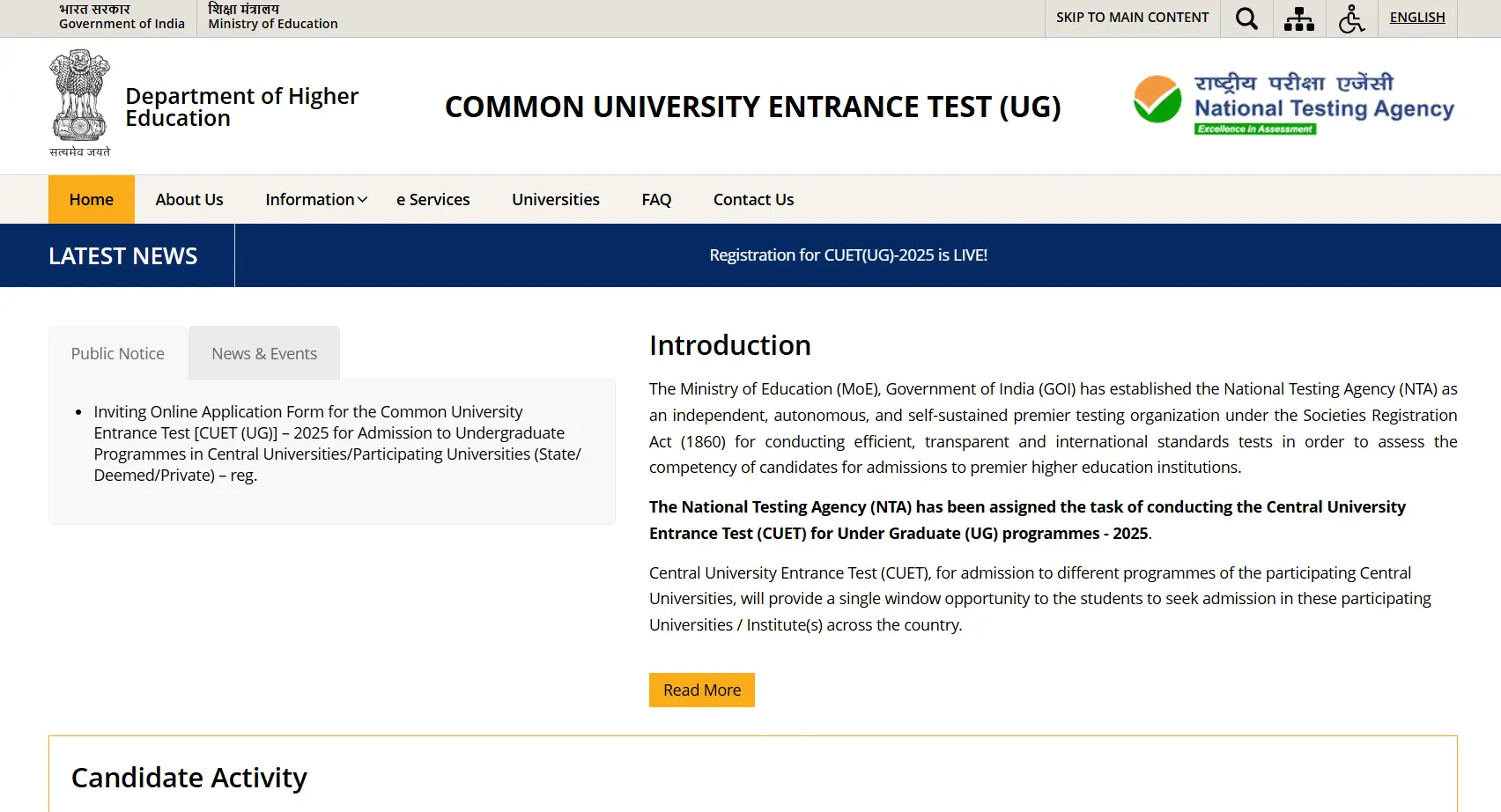 Screenshot of the official CUET (UG) 2025 registration webpage by the National Testing Agency (NTA), displaying an announcement about online application forms for undergraduate admissions.