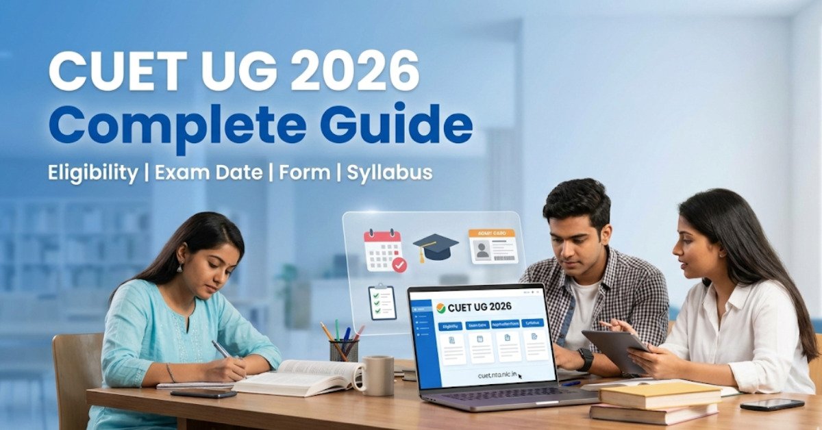 ALT Tag: Three Indian students are studying together at a table, with a laptop displaying the "CUET UG 2026" portal, including tabs for eligibility, exam date, application form, and syllabus.