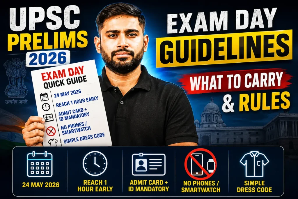 1. Hero Infographic at the Top

Right below the introduction.

Add:
“UPSC Prelims 2026 Exam Day Quick Guide”

Use:

Exam Date
Reporting Time
Gate Closing Time
Must Carry
Banned Items
Dress Code
Design Style
UPSC academic theme
Blue + white
Thin line icons
Minimal government exam aesthetic
Layout Idea

Use a 5-box horizontal infographic:

Box	Content
Calendar Icon	24 May 2026
Clock Icon	Reach 1 Hour Early
ID Card Icon	Admit Card + ID Mandatory
Ban Icon	No Phones/Smartwatch
Shirt Icon	Simple Dress Code

This becomes your “summary snapshot.”

Generate image with no or minimal text, but you can mark or indicate over image with little text.