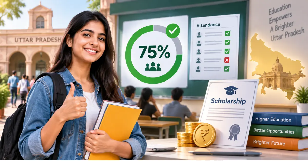 this image showed - Indian college student College classroom in background Attendance register / digital attendance screen Large 75% attendance visual Scholarship document or rupee symbol UP government/scholarship visual style Clean educational design UP Scholarship 75 Attendance Rule