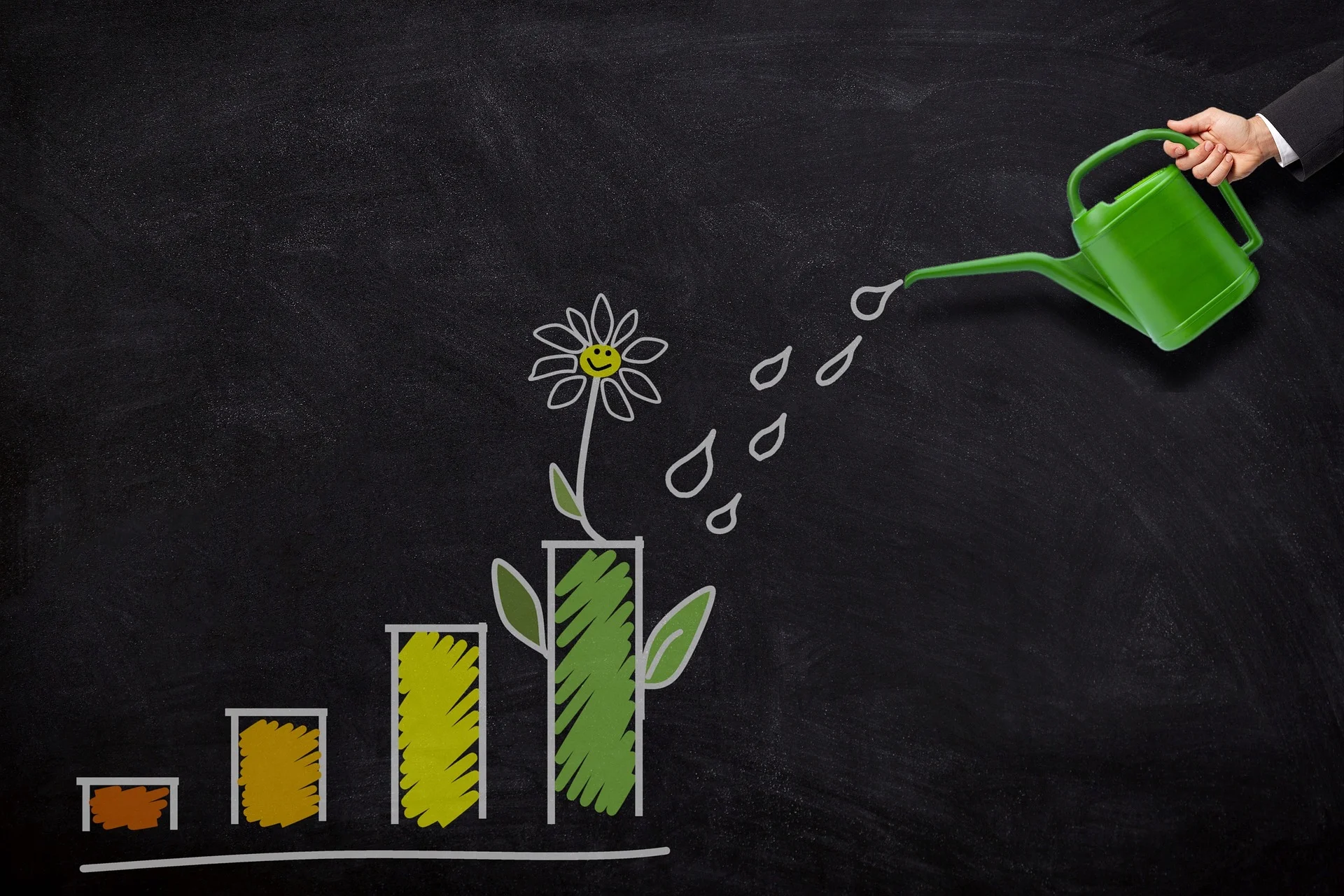 A bar graph resembling plant growth with a watering can pouring water over it, symbolizing investment and financial growth.