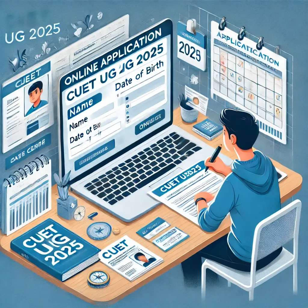 Student filling CUET UG 2025 application form online with necessary documents and important dates in the background.