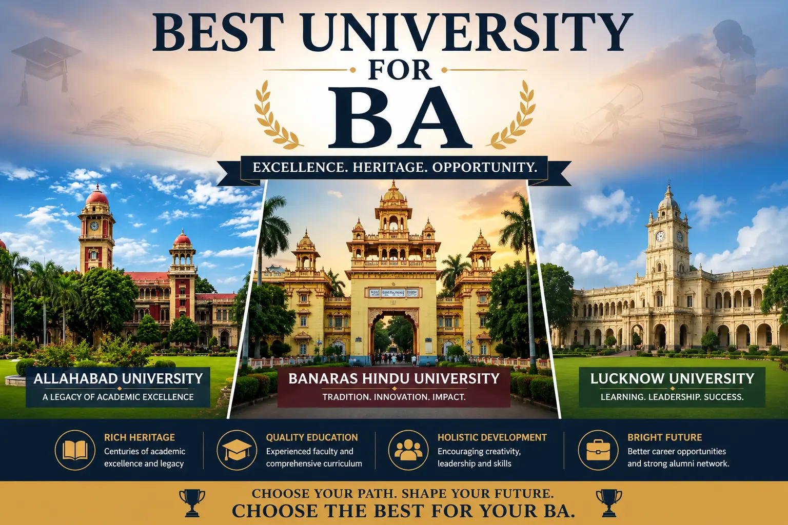 multiple University images in one fream with title Best universities for your BA degree