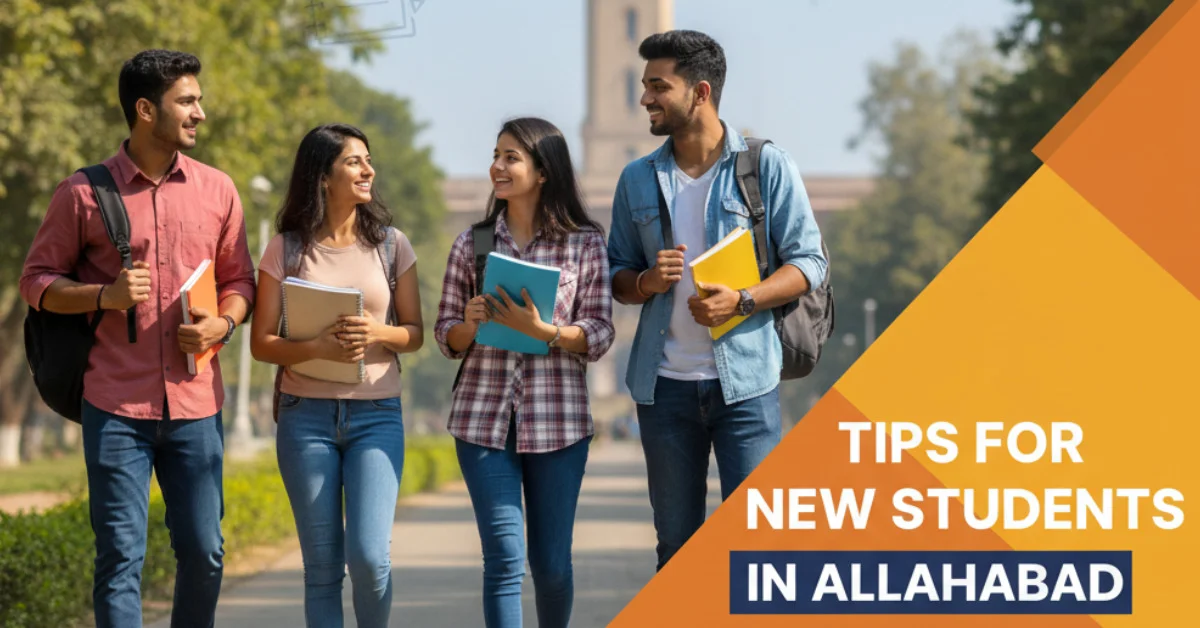 Tips for new students in Allahabad - happy college students walking on campus with a university building in the background