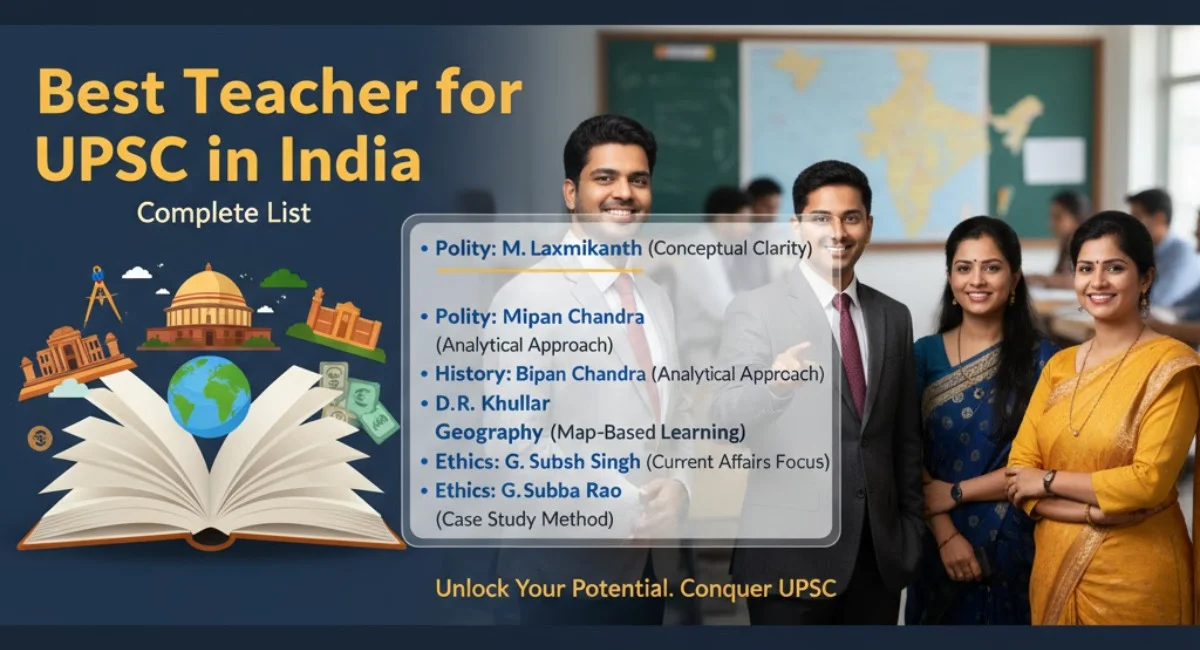 Banner for 'Best Teacher for UPSC in India' featuring a list of teachers for Polity, History, Geography, Economy, and Ethics, with a study theme background.