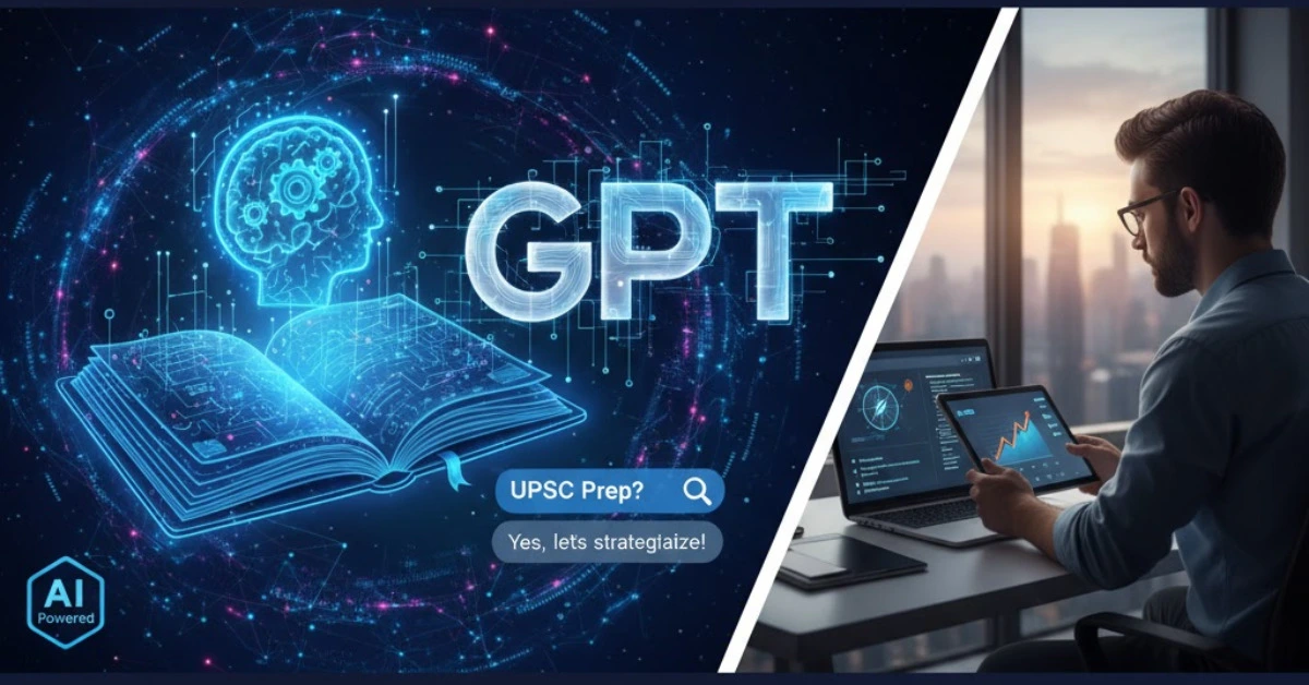 UPSC Preparation with ChatGPT banner showing AI brain, open book, and person studying