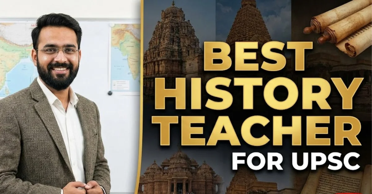 YouTube thumbnail featuring a man in a blazer next to a collage of historical Indian temples and scrolls, with large golden text that reads "BEST HISTORY TEACHER FOR UPSC