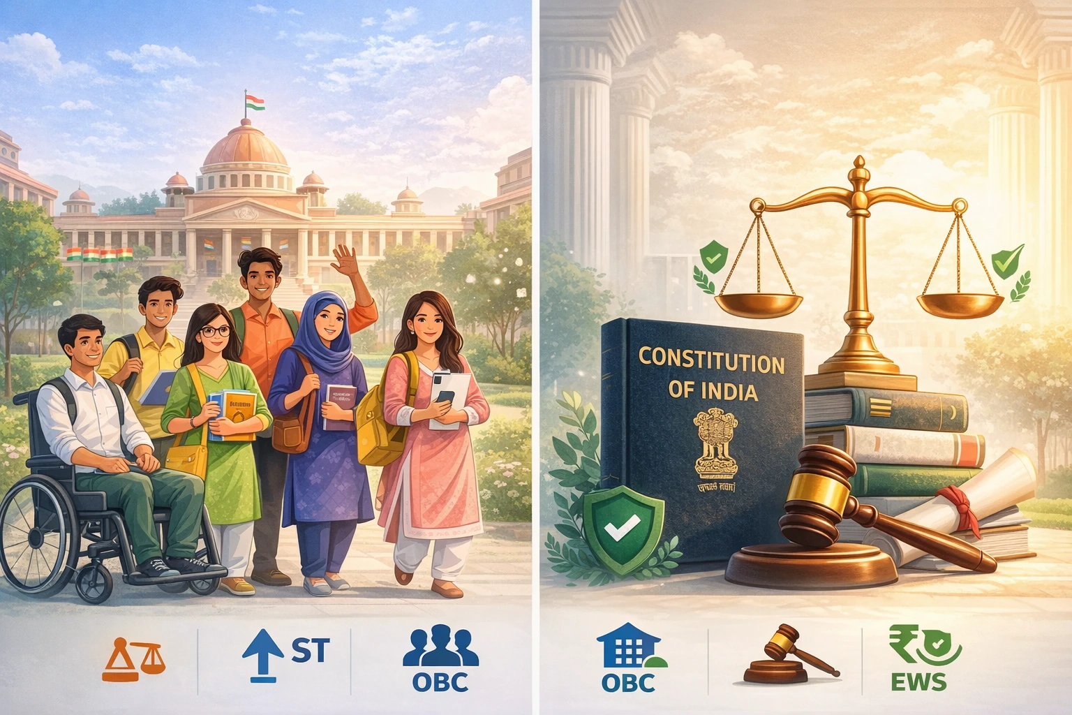One strong feature infographic just after the title. Visual idea Split visual: Left side: Diverse students (SC/ST/OBC/EWS/Disabled icons subtle) Right side: Law + justice symbol (scale or constitution book) Why it helps First 5 seconds decide bounce rate Makes the blog feel authoritative Improves Discover + social share CTR