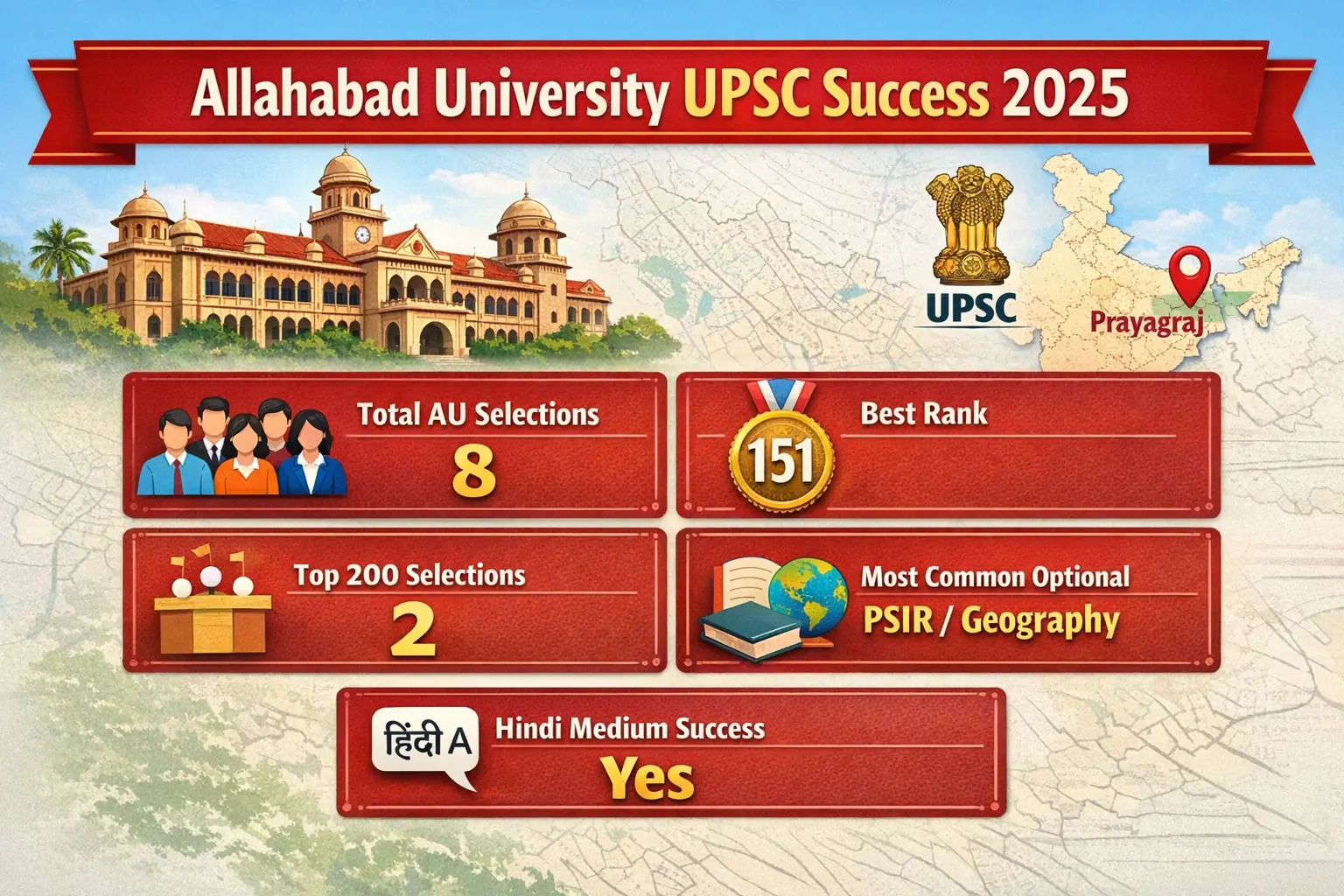Right after the introduction, place a visual summary infographic. People decide in 5 seconds if they will read a blog. A visual snapshot increases scroll time. Hero Infographic Idea Title: Allahabad University UPSC Success 2025 Data blocks: Metric Data Total AU selections 8 Best Rank 151 Top 200 selections 2 Most common optional PSIR / Geography Hindi medium success Yes Design elements • Allahabad University building illustration • UPSC emblem icon • Student icons • Prayagraj map marker Image size recommended: 1200 × 675 Alt text for SEO: UPSC toppers from Allahabad University 2025 infographic make image