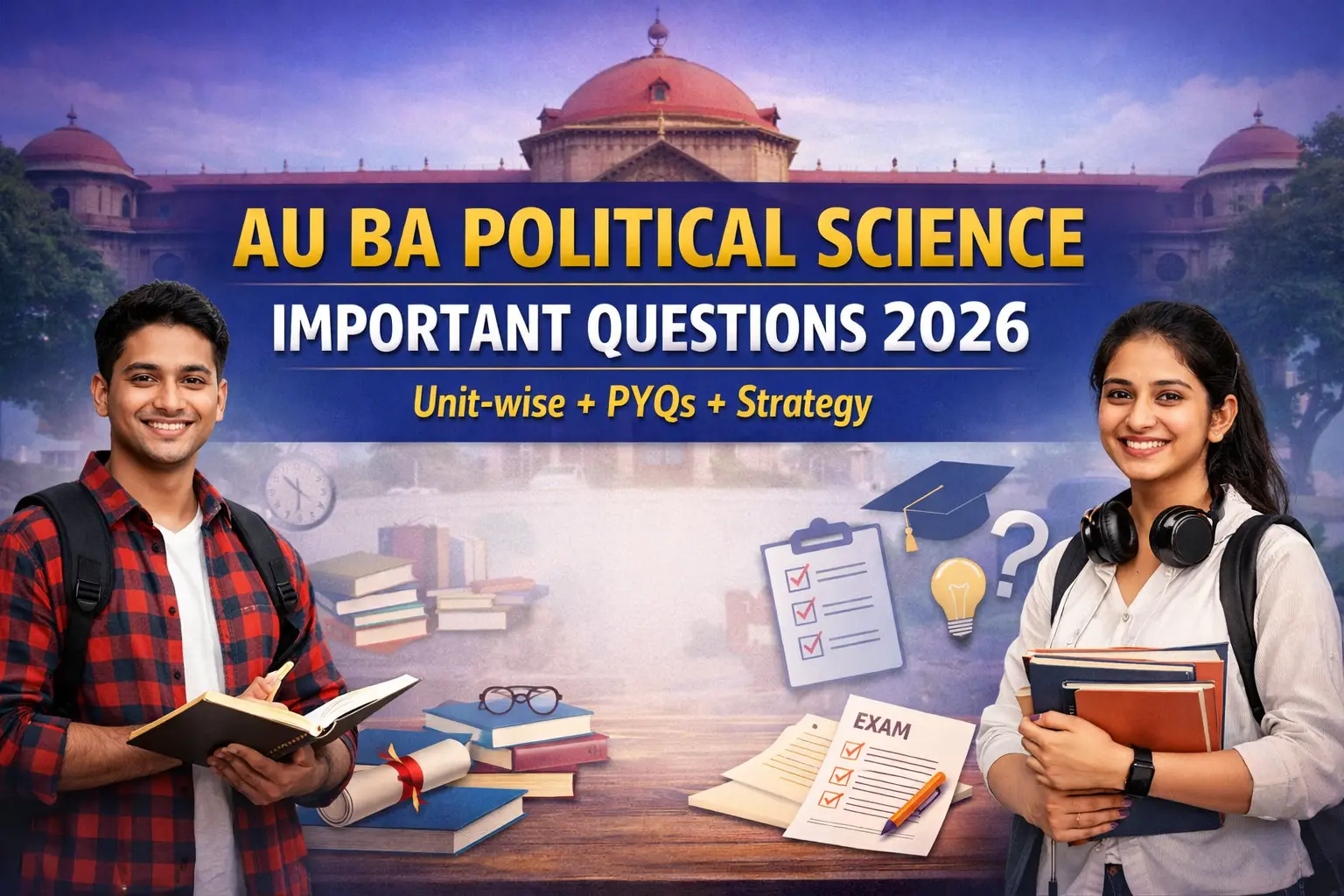 Your blog starts like a normal article → no visual hook Solution: Add a hero banner image at the top What to include: Title: AU BA Political Science Important Questions 2026 Subtext: Unit-wise + PYQs + Strategy