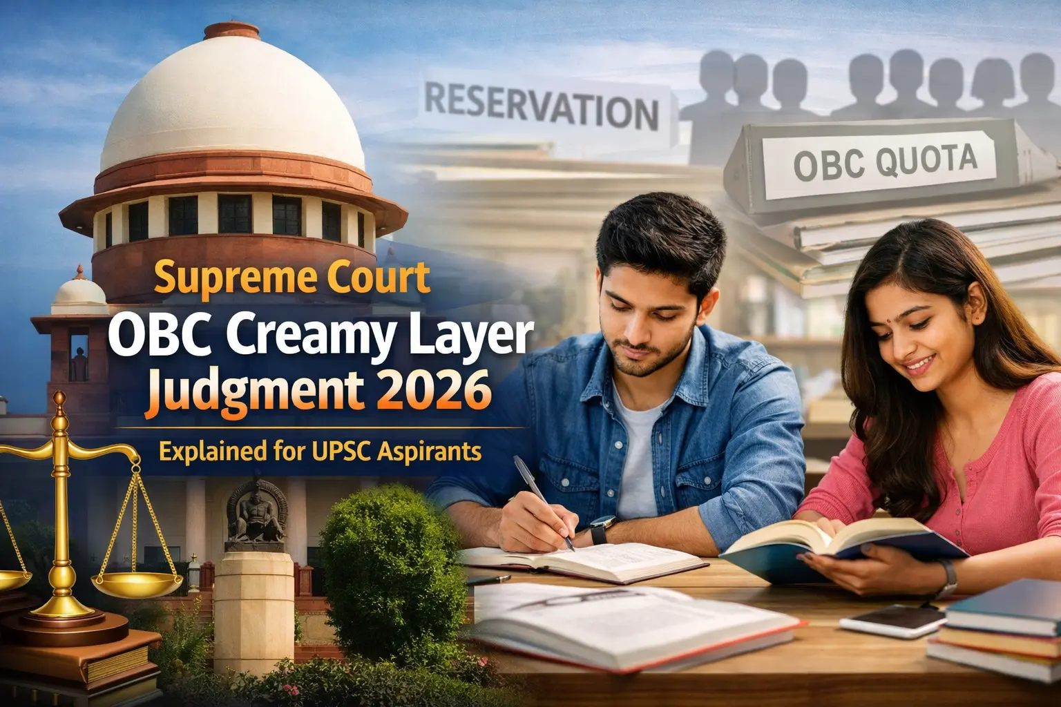 Place a strong featured image at the top of the blog. What it should show Supreme Court building UPSC aspirants studying Reservation / OBC concept Law + education theme Suggested Text on Image “Supreme Court OBC Creamy Layer Judgment 2026 Explained for UPSC Aspirants” make imsge
