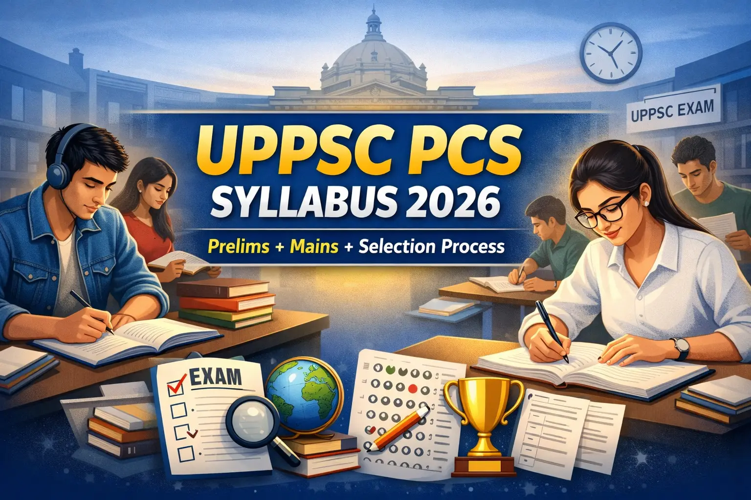 Right now, your blog starts like a normal article. No visual hook. Solution: Add a hero banner image at the top. make a image What to include: Title: UPPSC PCS Syllabus 2026 Subtext: Prelims + Mains + Selection Process Background: students studying + exam vibe