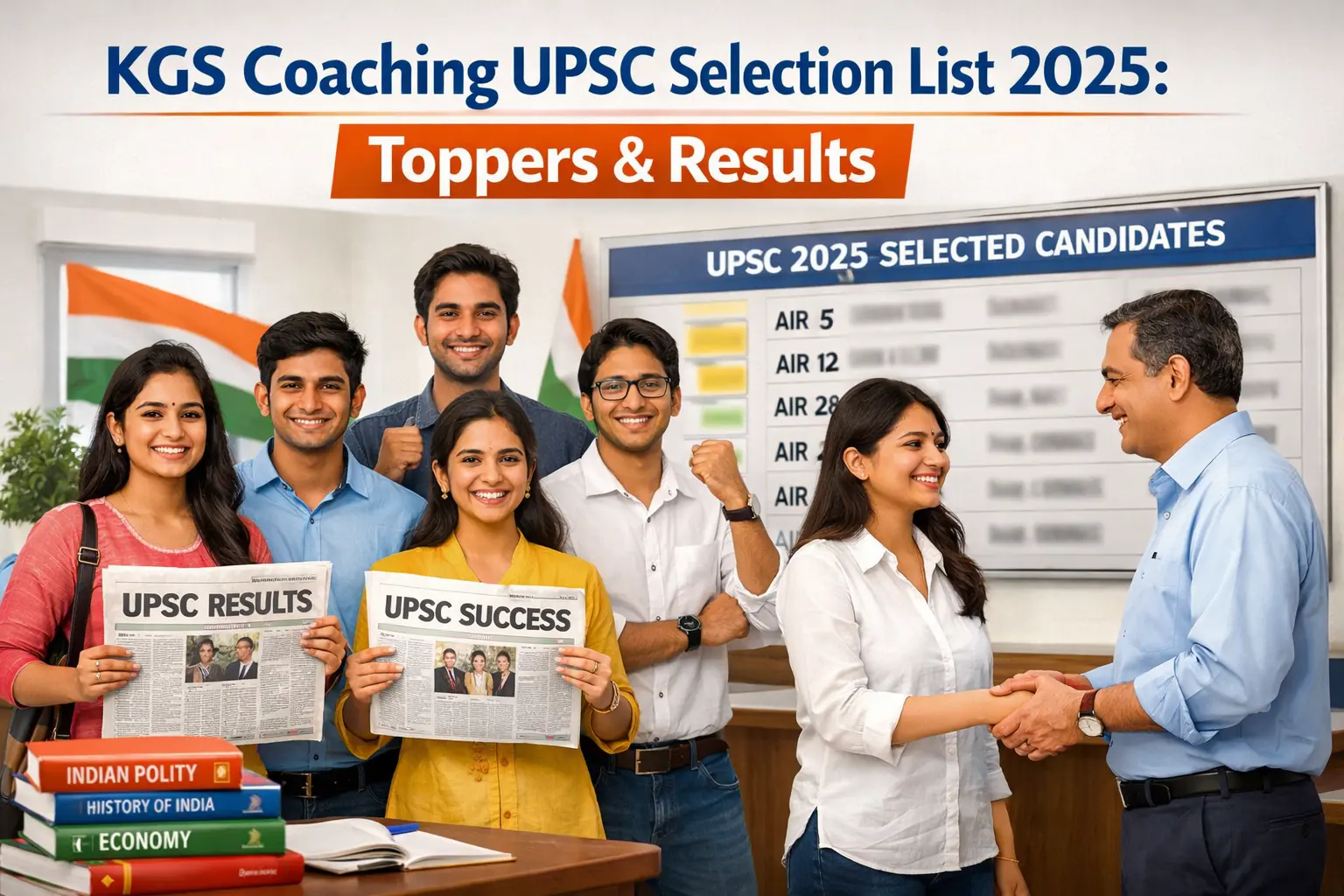 A modern UPSC coaching classroom in India with successful civil services aspirants celebrating their results. Some students holding newspapers with UPSC results, others smiling confidently. A notice board in the background showing “UPSC 2025 Selected Candidates”. Include visual elements like: Indian civil services aspirants (diverse male and female students) Books related to UPSC preparation, polity, economy, history Indian flag subtly placed in the background A teacher or mentor congratulating students A results board showing AIR ranks and names blurred Design style: Clean education blog banner Bright, motivational atmosphere Space at the top for headline text Professional news / education portal style Color palette: White, saffron, and blue tones (inspired by Indian flag) High contrast, sharp focus Aspect ratio: 16:9 blog feature image Style: realistic, editorial photography, ultra sharp, high resolution