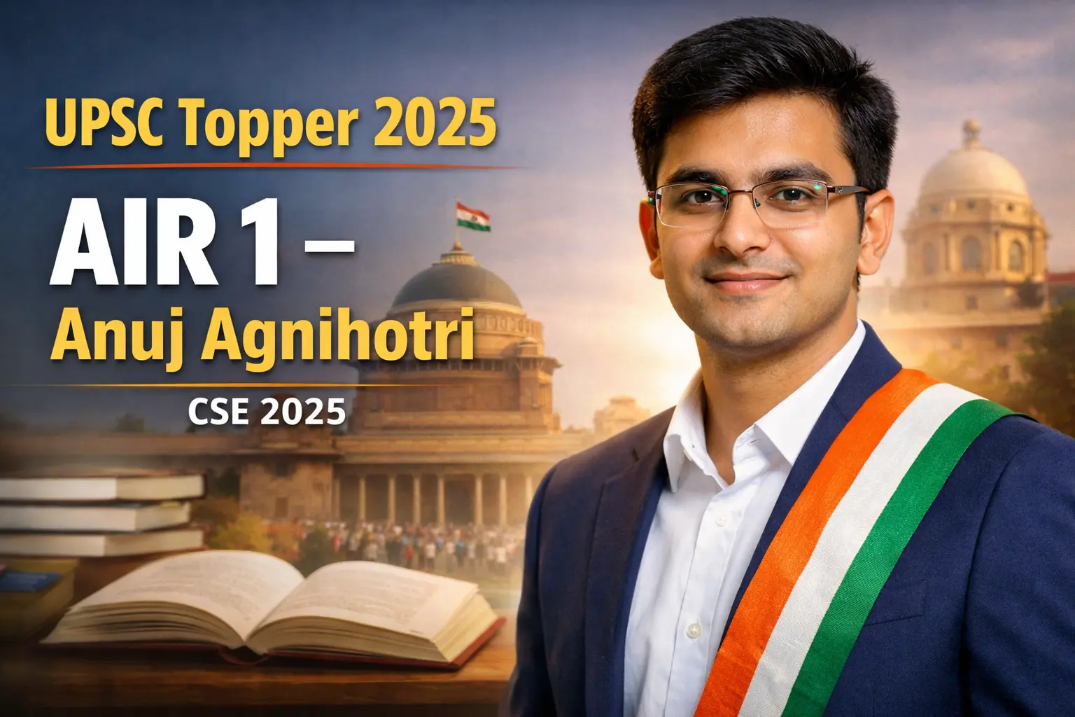 Right now the article starts directly with text. Add a featured hero image under the title. Suggested image concept: Image Title UPSC Topper Anuj Agnihotri AIR 1 CSE 2025 Overlay text UPSC Topper 2025 AIR 1 – Anuj Agnihotri SEO Alt Text Anuj Agnihotri UPSC Topper 2025 AIR 1 This helps with: Google Images traffic Social media previews Better visual entry point make image