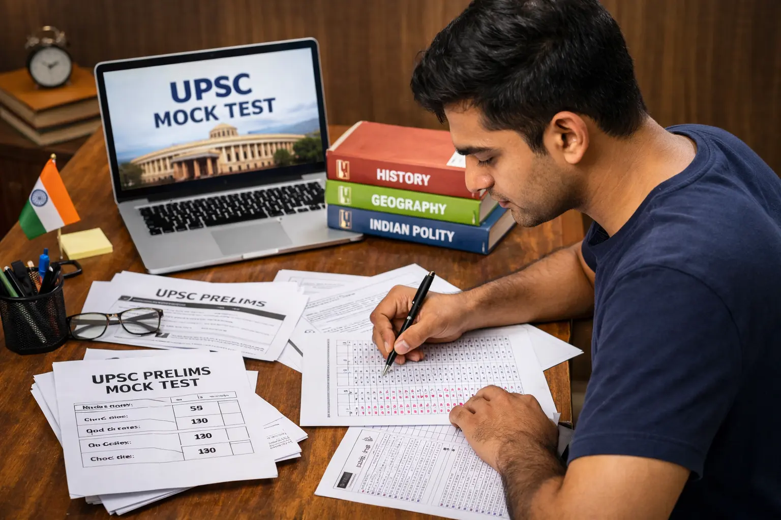UPSC aspirant preparing with mock tests for UPSC Prelims 2026 make image for this