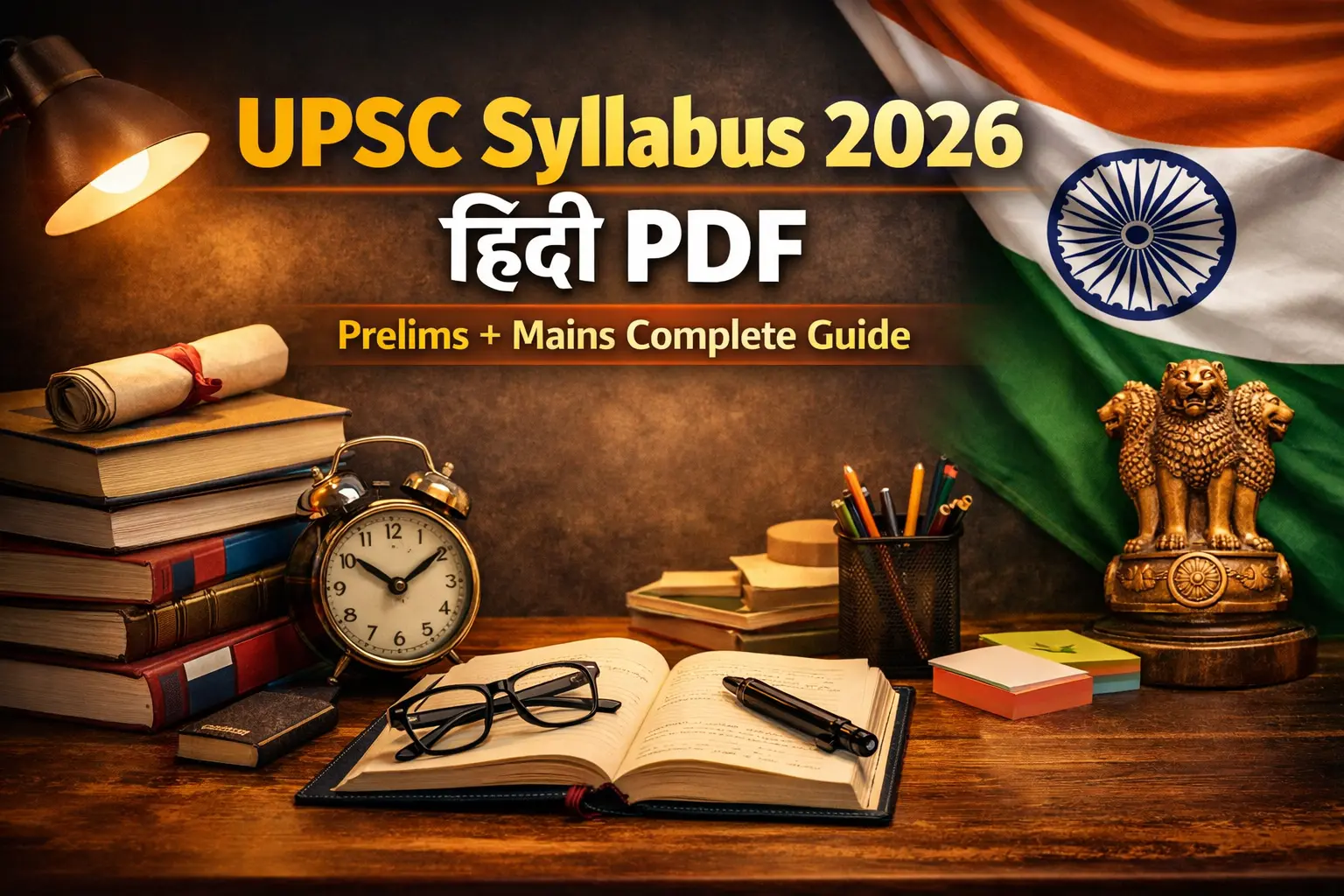 Title: UPSC Syllabus 2026 Hindi PDF Subtext: Prelims + Mains Complete Guide Background: Books + Indian flag + study desk