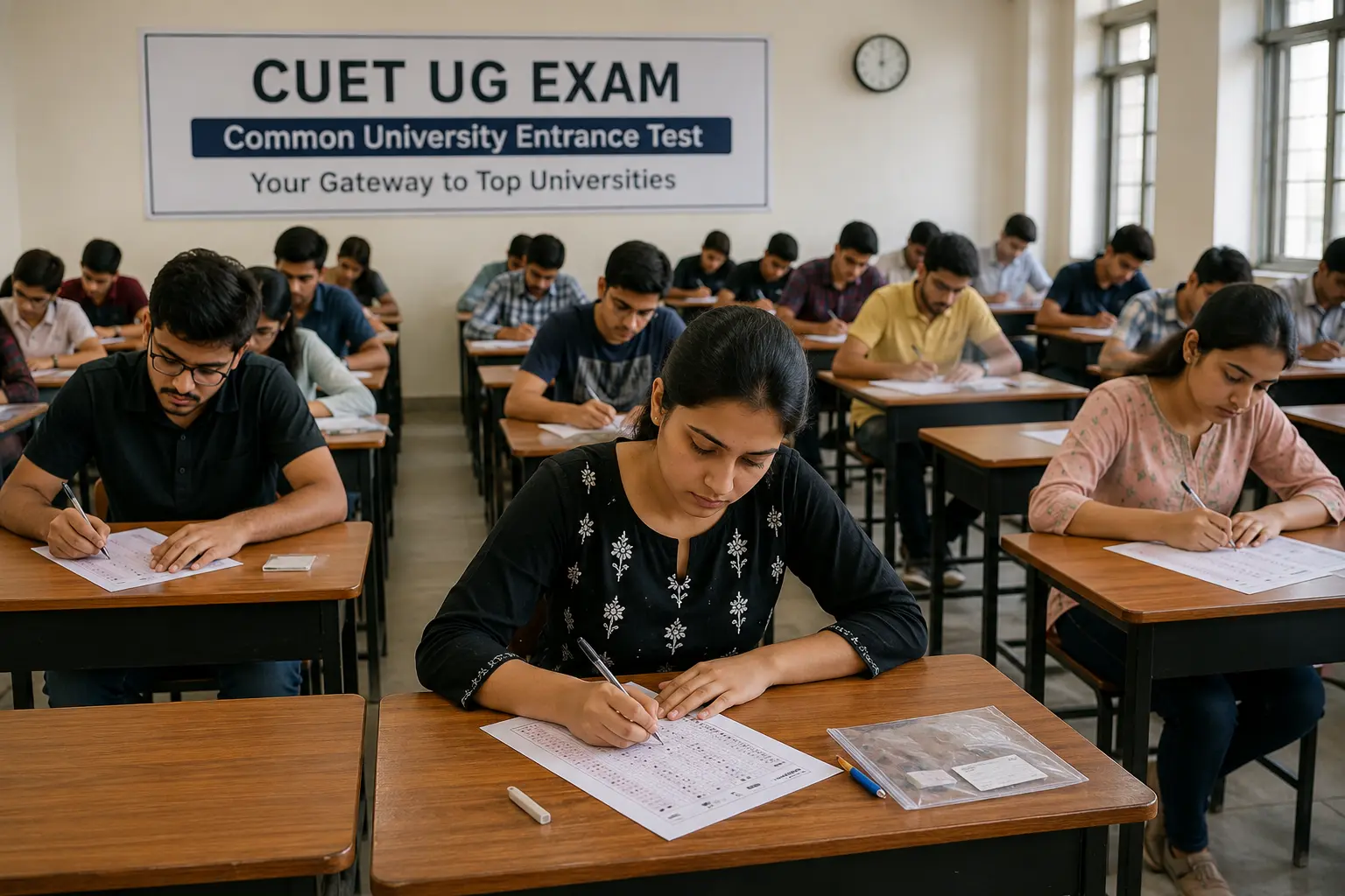 Image: An exam hall with desks and answer sheets prepares candidates for CUET-style testing